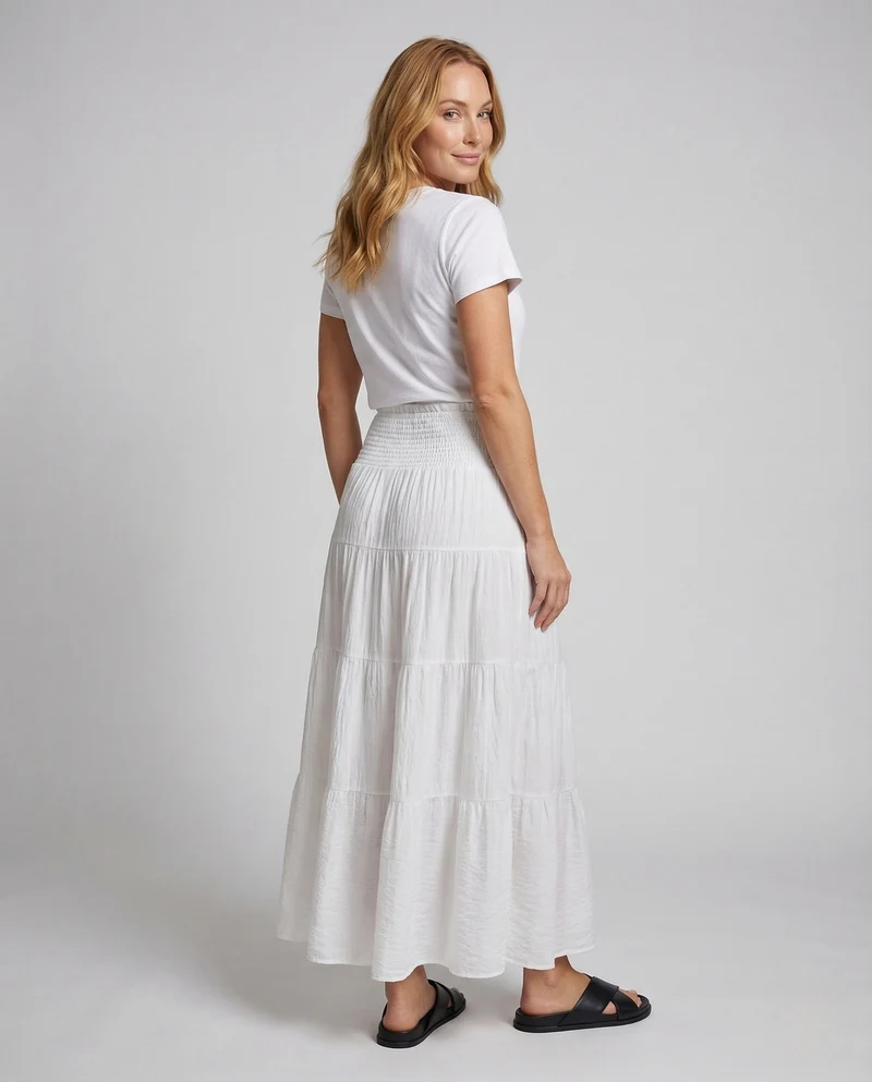 Damen Maxirock Crêpe Stufenvolant Elastischer Bund
