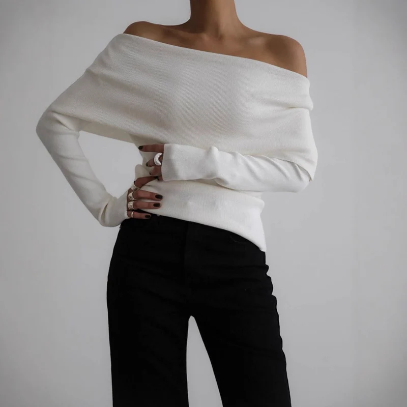 Damen schulterfreier Feinstrick-Pullover mit umlegbarem Carmenkragen Nord Taschen