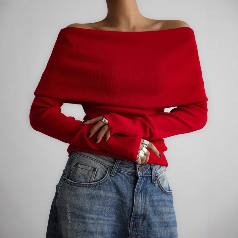 Damen schulterfreier Feinstrick-Pullover mit umlegbarem Carmenkragen Nord Taschen