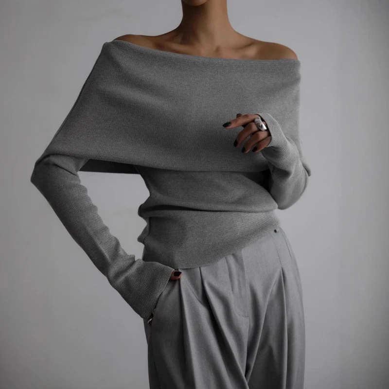 Damen schulterfreier Feinstrick-Pullover mit umlegbarem Carmenkragen Nord Taschen