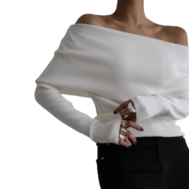 Damen schulterfreier Feinstrick-Pullover mit umlegbarem Carmenkragen Nord Taschen