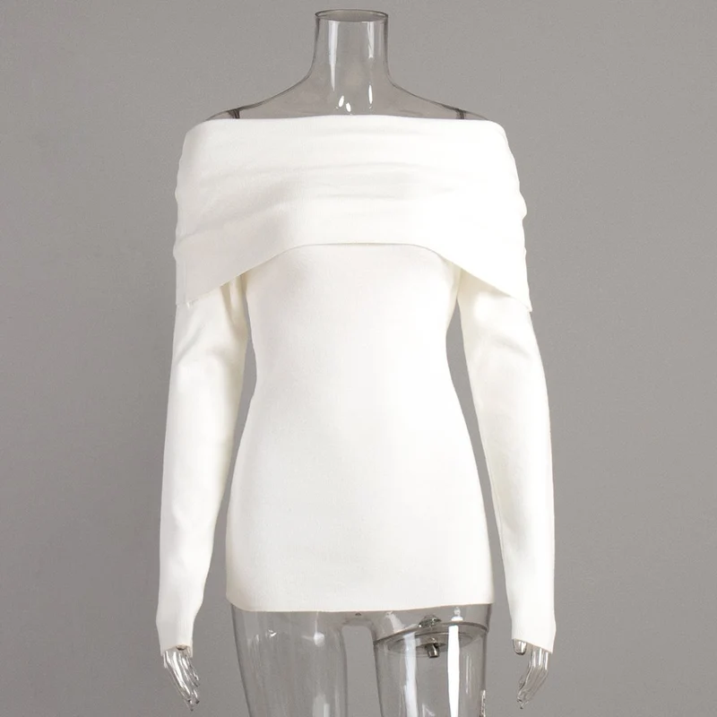 Damen schulterfreier Feinstrick-Pullover mit umlegbarem Carmenkragen Nord Taschen