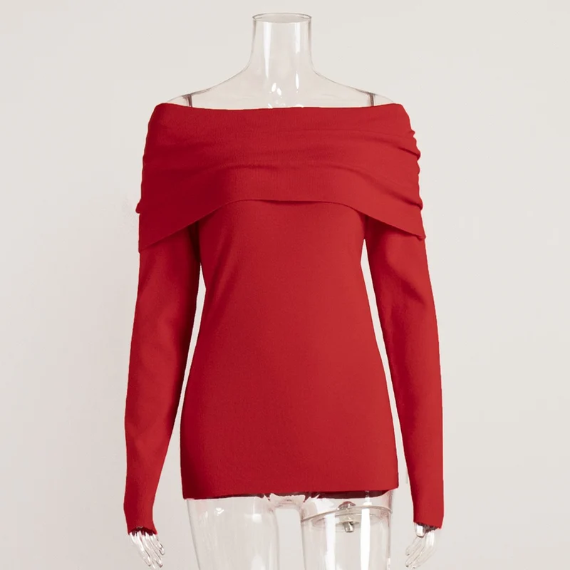 Damen schulterfreier Feinstrick-Pullover mit umlegbarem Carmenkragen Nord Taschen