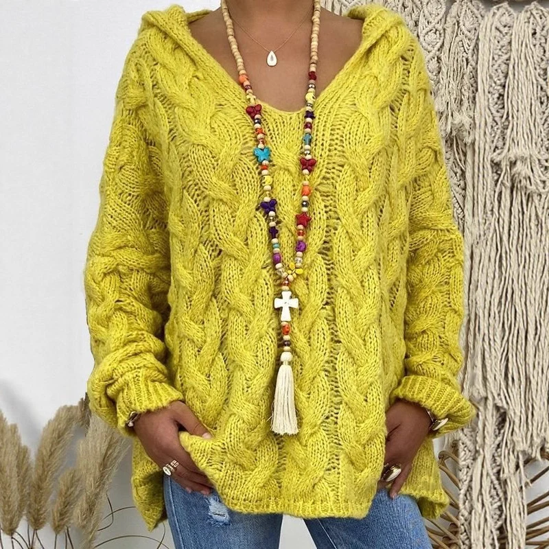 Damen Oversized Zopfmuster-Strickpullover mit Kapuze und lässigem V‑Ausschnitt Nord Taschen