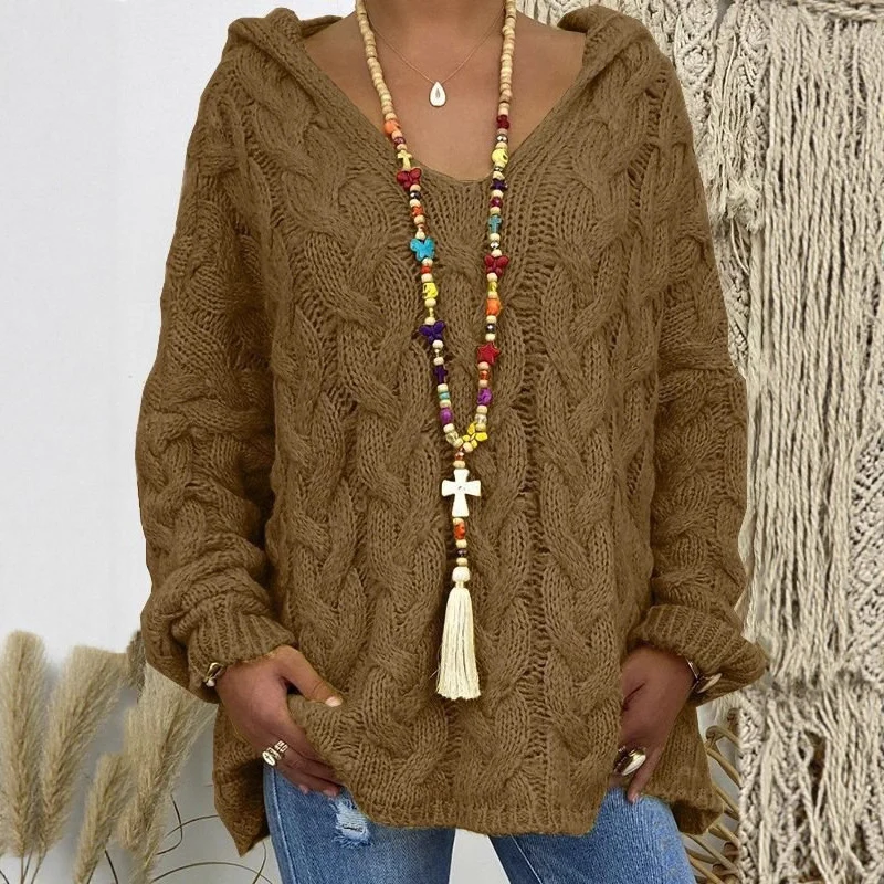 Damen Oversized Zopfmuster-Strickpullover mit Kapuze und lässigem V‑Ausschnitt Nord Taschen