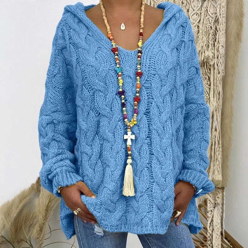 Damen Oversized Zopfmuster-Strickpullover mit Kapuze und lässigem V‑Ausschnitt Nord Taschen