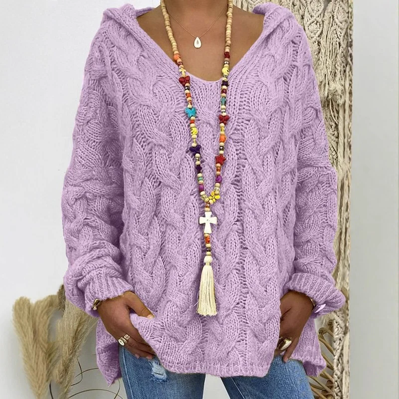 Damen Oversized Zopfmuster-Strickpullover mit Kapuze und lässigem V‑Ausschnitt Nord Taschen