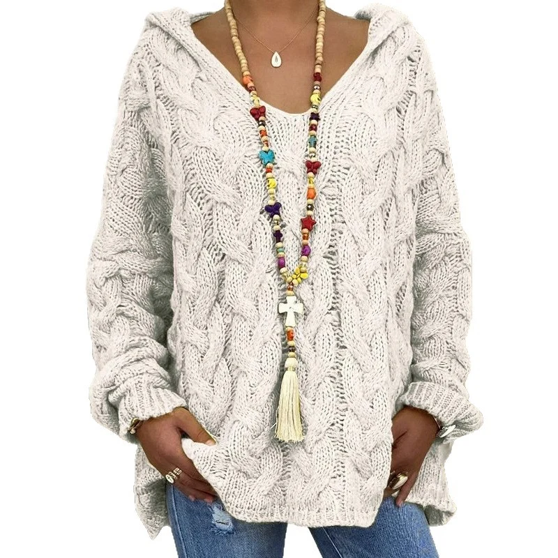 Damen Oversized Zopfmuster-Strickpullover mit Kapuze und lässigem V‑Ausschnitt Nord Taschen