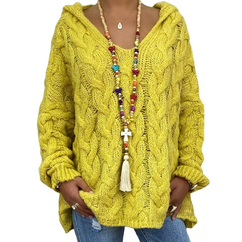 Damen Oversized Zopfmuster-Strickpullover mit Kapuze und lässigem V‑Ausschnitt Nord Taschen