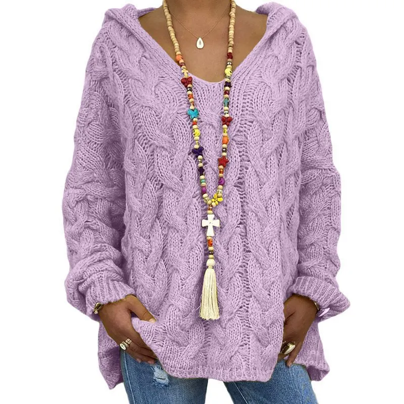 Damen Oversized Zopfmuster-Strickpullover mit Kapuze und lässigem V‑Ausschnitt Nord Taschen