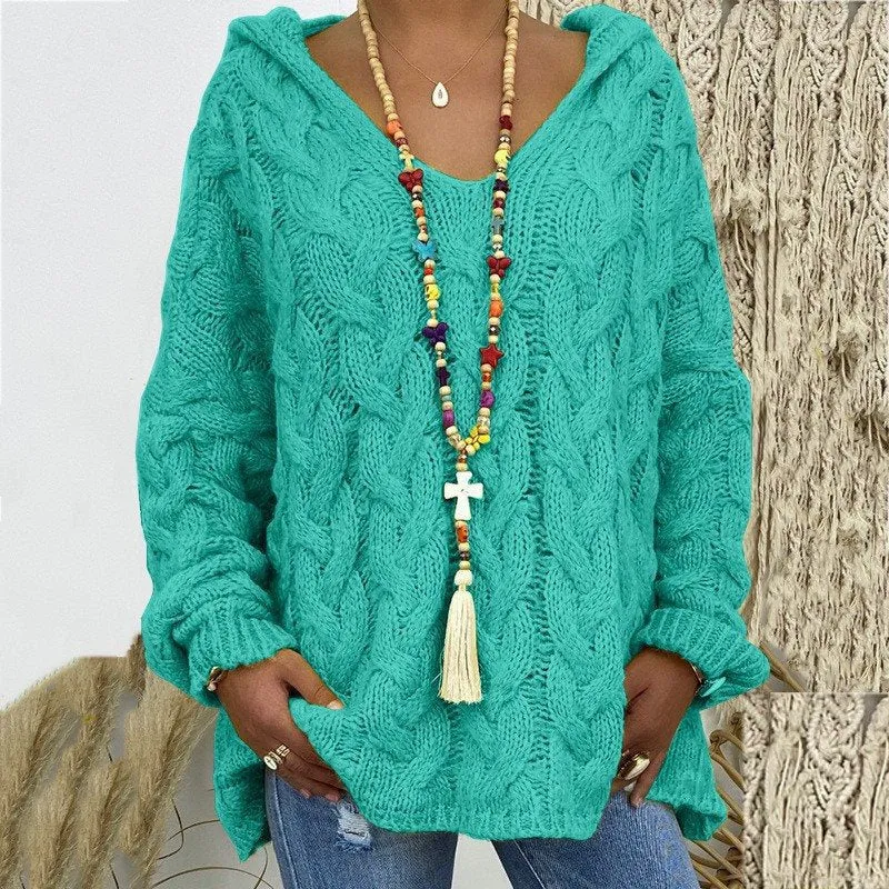 Damen Oversized Zopfmuster-Strickpullover mit Kapuze und lässigem V‑Ausschnitt Nord Taschen