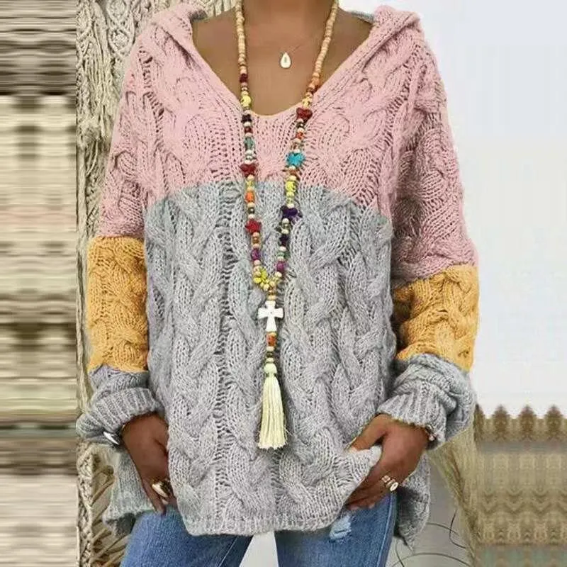 Damen Oversized Zopfmuster-Strickpullover mit Kapuze und lässigem V‑Ausschnitt Nord Taschen