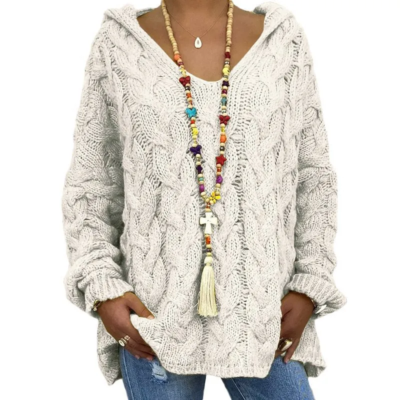 Damen Oversized Zopfmuster-Strickpullover mit Kapuze und lässigem V‑Ausschnitt Nord Taschen