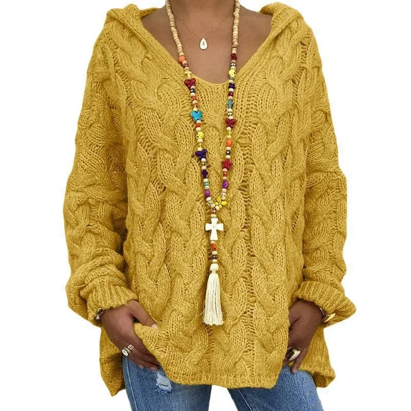 Damen Oversized Zopfmuster-Strickpullover mit Kapuze und lässigem V‑Ausschnitt Nord Taschen