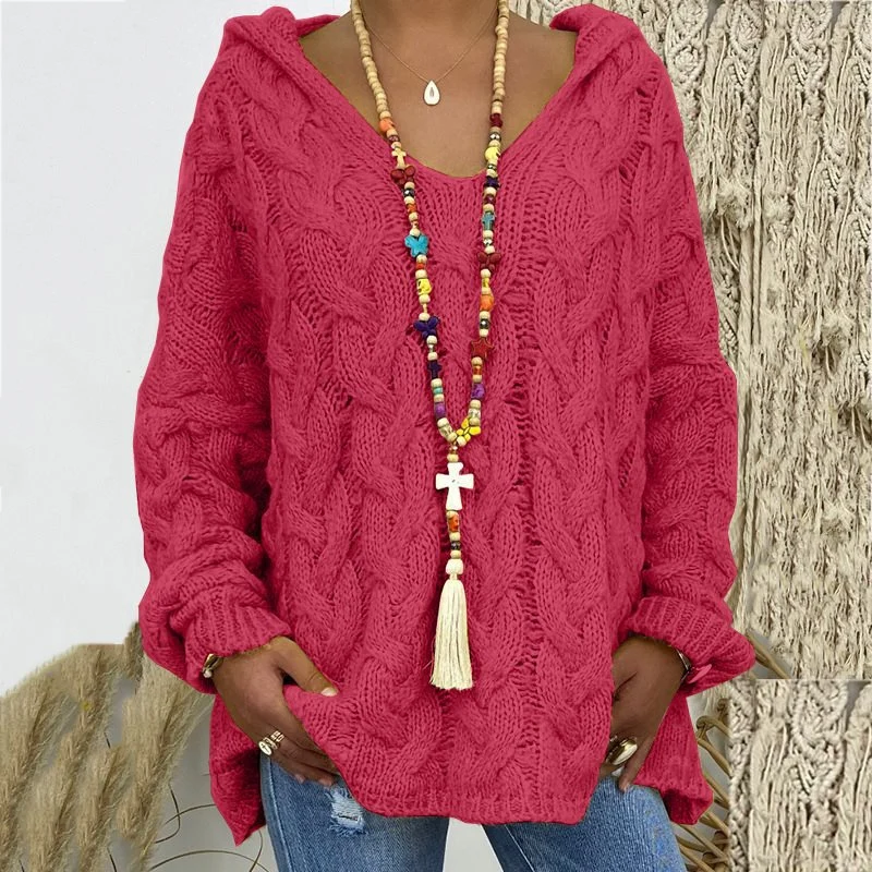 Damen Oversized Zopfmuster-Strickpullover mit Kapuze und lässigem V‑Ausschnitt Nord Taschen