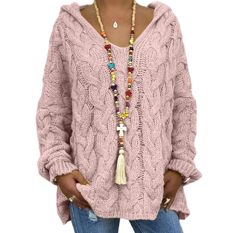Damen Oversized Zopfmuster-Strickpullover mit Kapuze und lässigem V‑Ausschnitt Nord Taschen