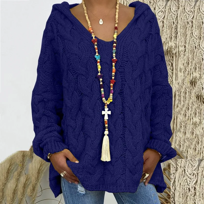 Damen Oversized Zopfmuster-Strickpullover mit Kapuze und lässigem V‑Ausschnitt Nord Taschen