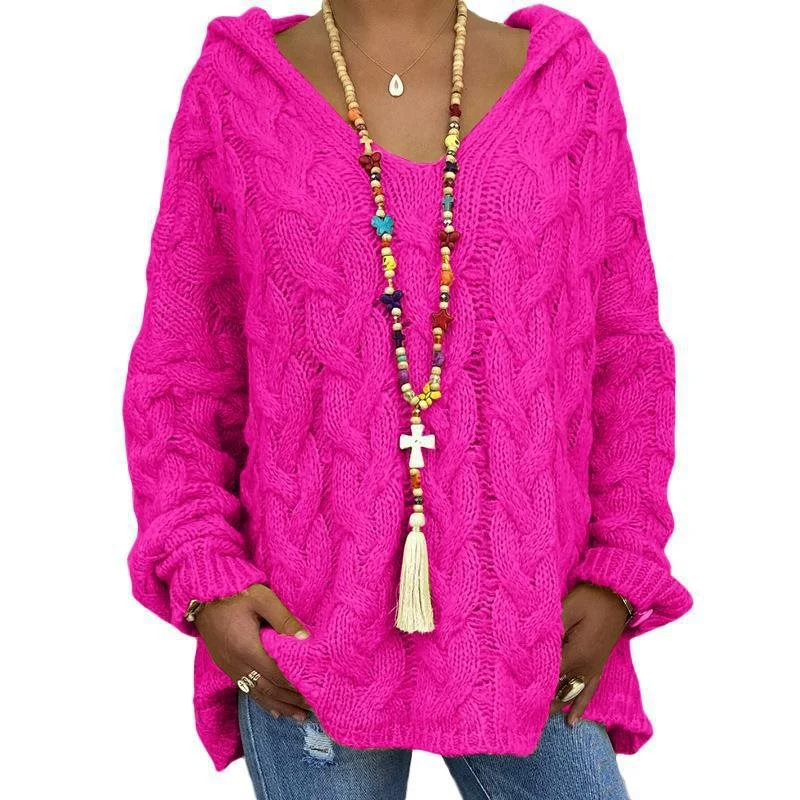 Damen Oversized Zopfmuster-Strickpullover mit Kapuze und lässigem V‑Ausschnitt Nord Taschen
