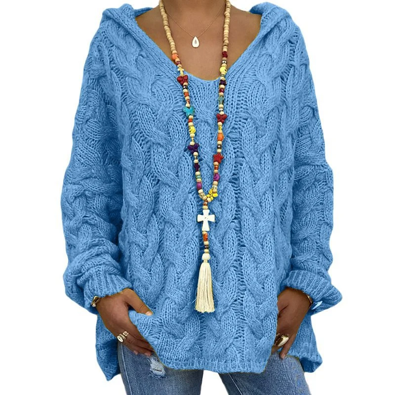 Damen Oversized Zopfmuster-Strickpullover mit Kapuze und lässigem V‑Ausschnitt Nord Taschen