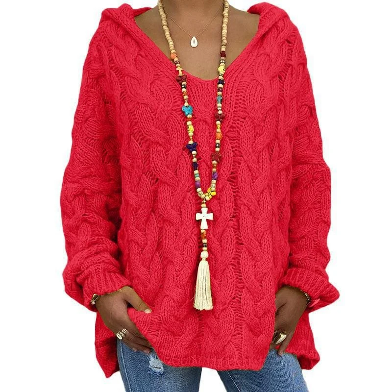 Damen Oversized Zopfmuster-Strickpullover mit Kapuze und lässigem V‑Ausschnitt Nord Taschen