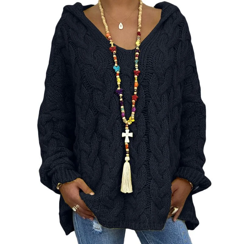 Damen Oversized Zopfmuster-Strickpullover mit Kapuze und lässigem V‑Ausschnitt Nord Taschen