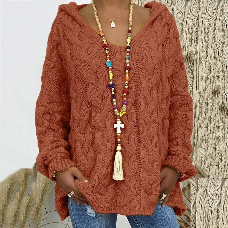 Damen Oversized Zopfmuster-Strickpullover mit Kapuze und lässigem V‑Ausschnitt Nord Taschen