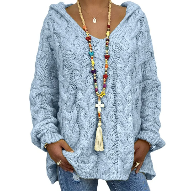 Damen Oversized Zopfmuster-Strickpullover mit Kapuze und lässigem V‑Ausschnitt Nord Taschen