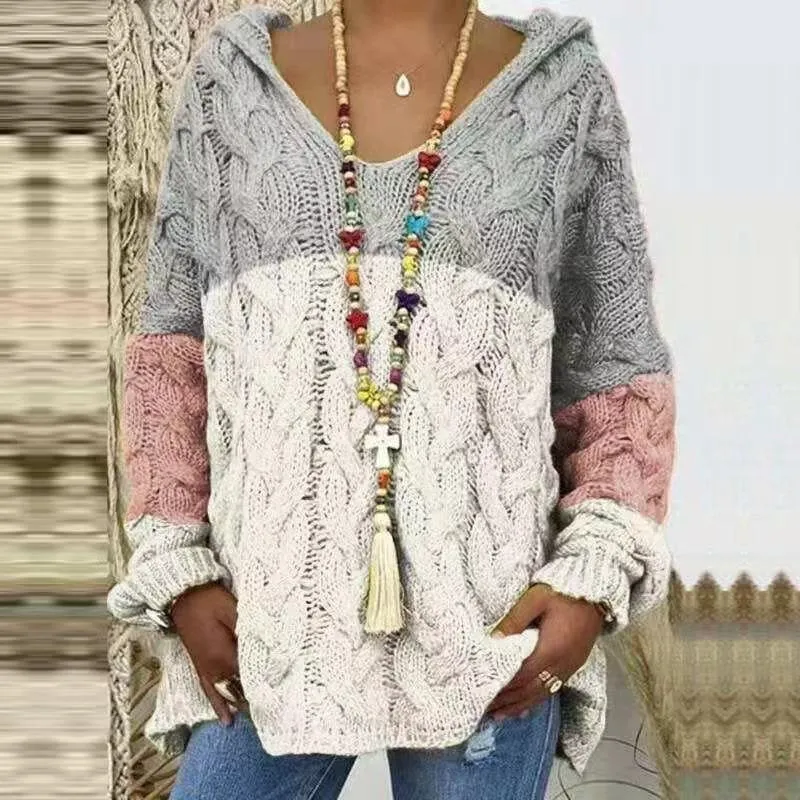 Damen Oversized Zopfmuster-Strickpullover mit Kapuze und lässigem V‑Ausschnitt Nord Taschen