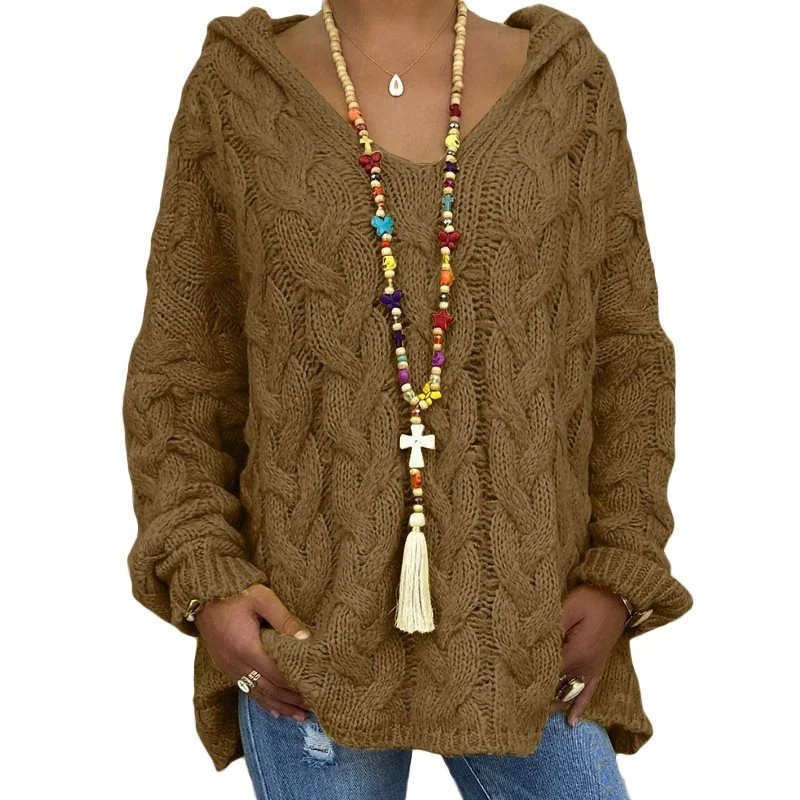 Damen Oversized Zopfmuster-Strickpullover mit Kapuze und lässigem V‑Ausschnitt Nord Taschen