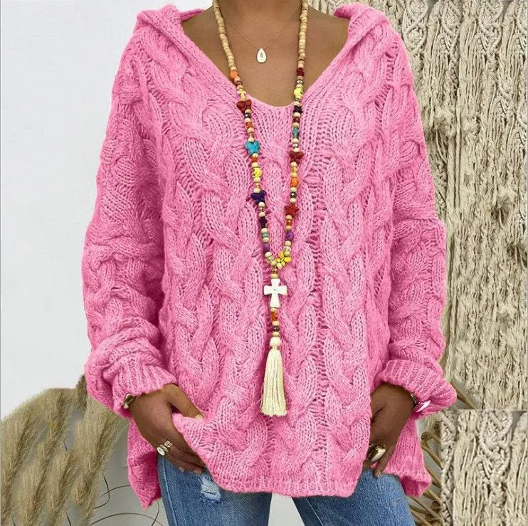 Damen Oversized Zopfmuster-Strickpullover mit Kapuze und lässigem V‑Ausschnitt Nord Taschen