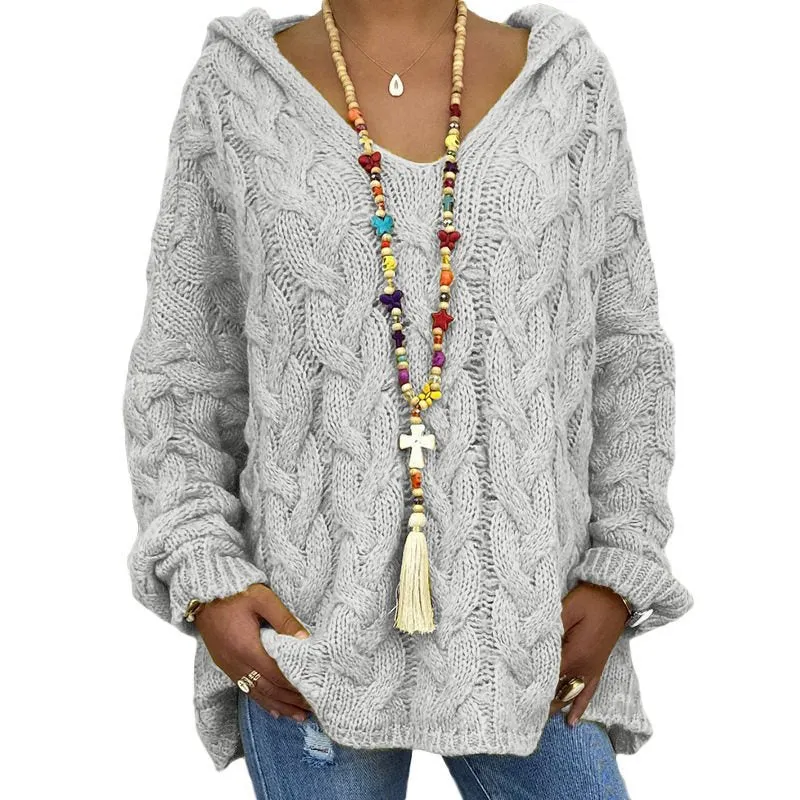 Damen Oversized Zopfmuster-Strickpullover mit Kapuze und lässigem V‑Ausschnitt Nord Taschen