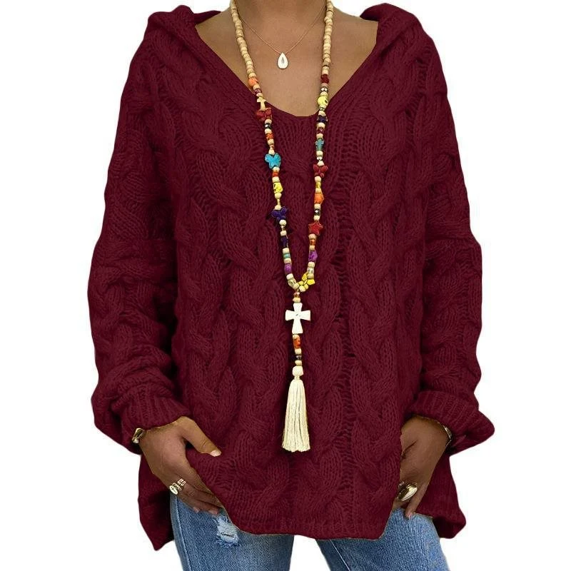 Damen Oversized Zopfmuster-Strickpullover mit Kapuze und lässigem V‑Ausschnitt Nord Taschen