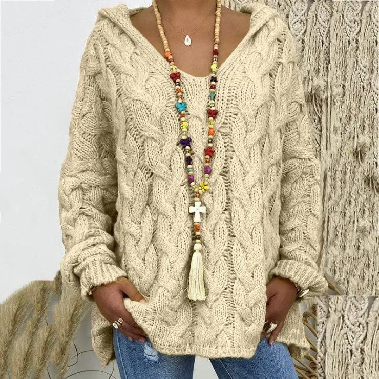 Damen Oversized Zopfmuster-Strickpullover mit Kapuze und lässigem V‑Ausschnitt Nord Taschen