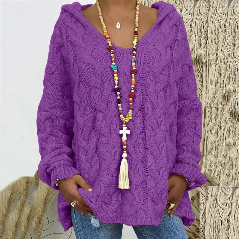 Damen Oversized Zopfmuster-Strickpullover mit Kapuze und lässigem V‑Ausschnitt Nord Taschen