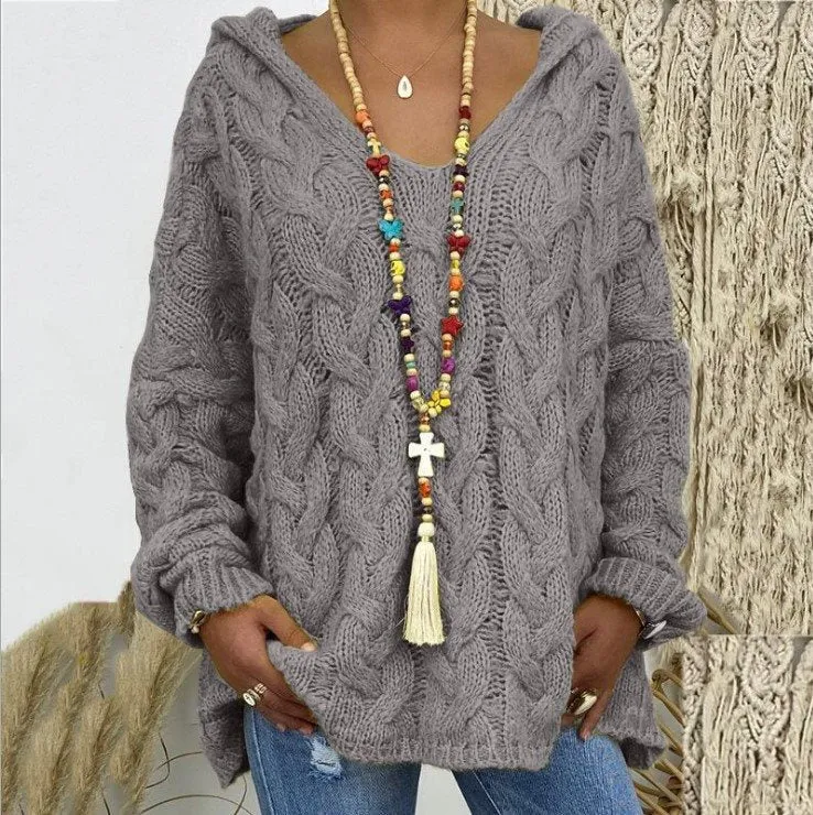 Damen Oversized Zopfmuster-Strickpullover mit Kapuze und lässigem V‑Ausschnitt Nord Taschen