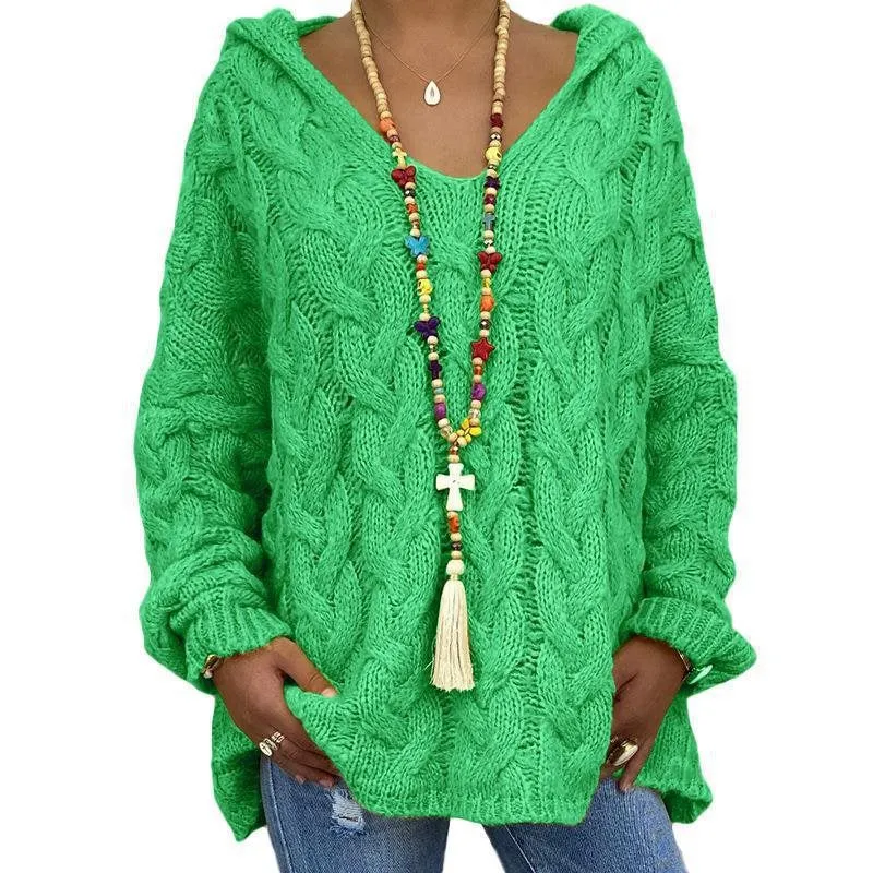 Damen Oversized Zopfmuster-Strickpullover mit Kapuze und lässigem V‑Ausschnitt Nord Taschen