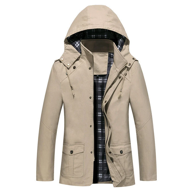 Herren leichter Kapuzen-Parka aus Canvas mit kariertem Innenfutter und Multifunktions‑Taschen Nord Taschen