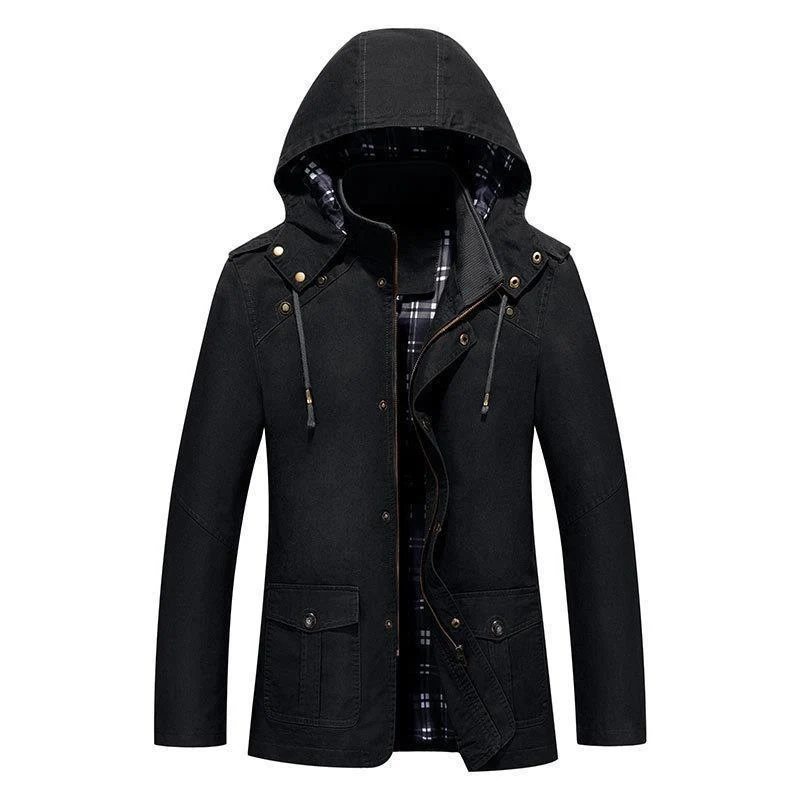 Herren leichter Kapuzen-Parka aus Canvas mit kariertem Innenfutter und Multifunktions‑Taschen Nord Taschen