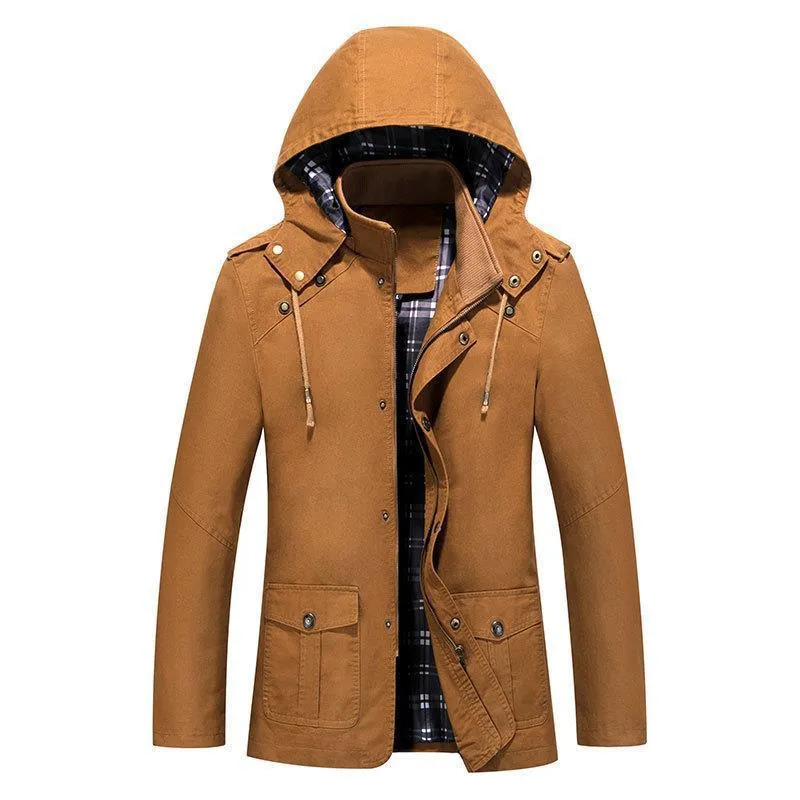 Herren leichter Kapuzen-Parka aus Canvas mit kariertem Innenfutter und Multifunktions‑Taschen Nord Taschen