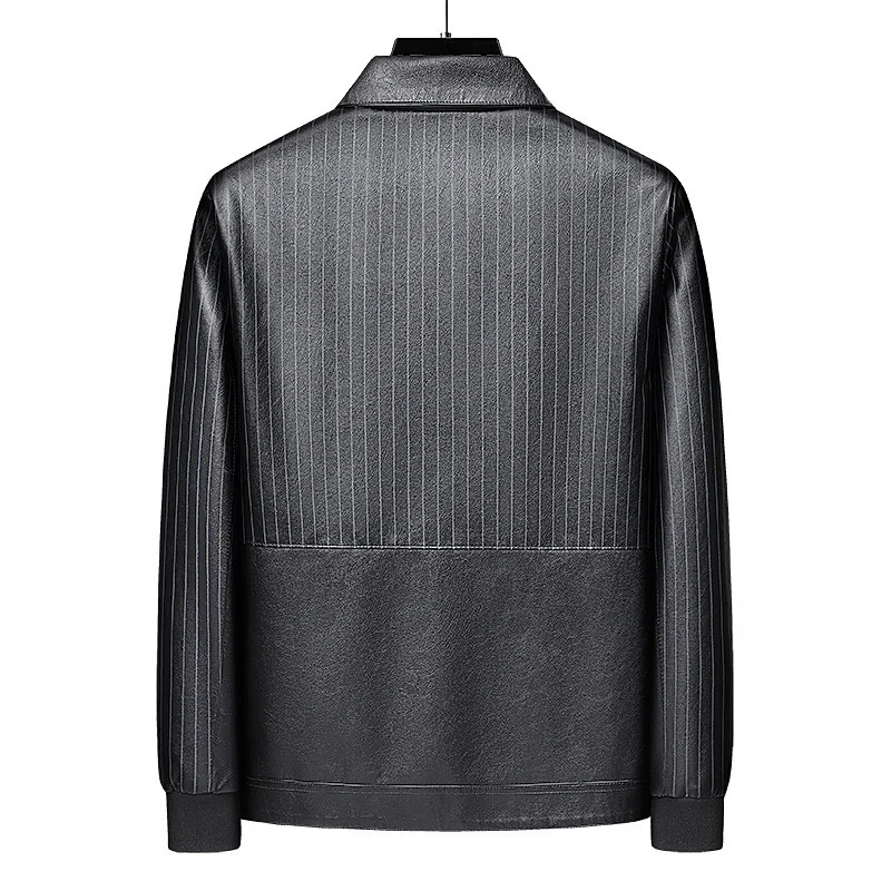 Herren Pinstripe Kunstleder-Truckerjacke mit Druckknopffront und gerippten Bündchen Nord Taschen