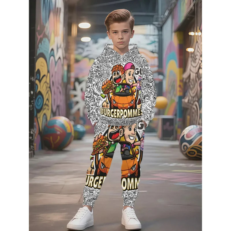Unisex Kinder Jogginganzug mit Kapuzenpullover und detailreichem Auto-Print Arvani