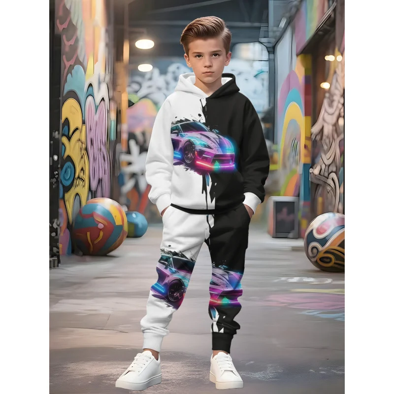 Unisex Kinder Jogginganzug mit Kapuzenpullover und detailreichem Auto-Print Arvani