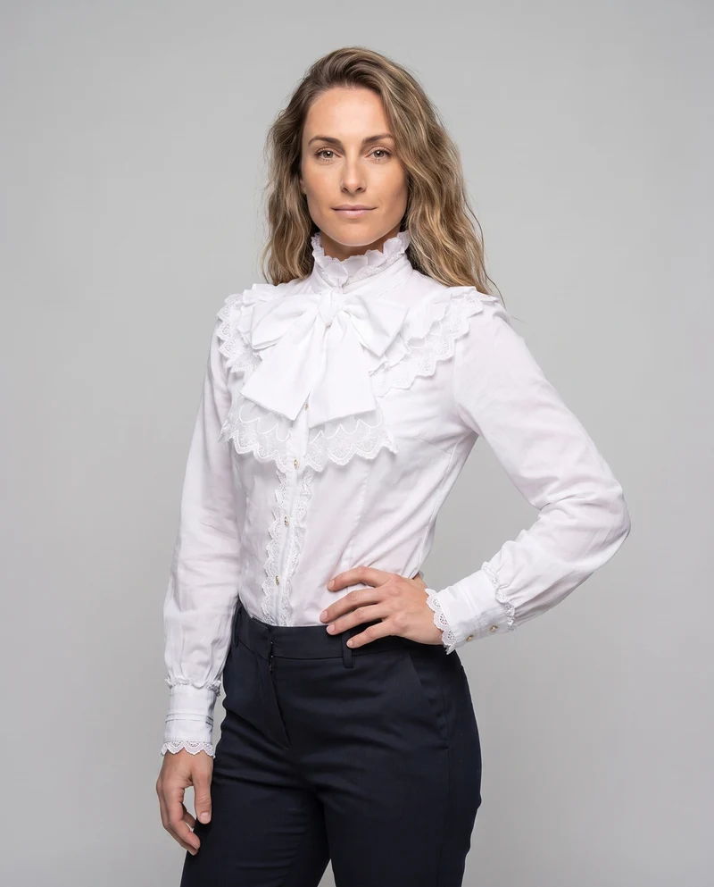Damen elegante Rüschbluse mit Stehkragen und Schleifenakzenten Nord Taschen