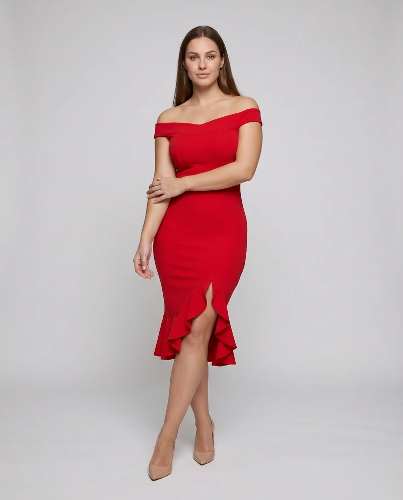 Damen Elegante Asymmetrischer Rüschen-Schlitz Mischgewebe Midikleid