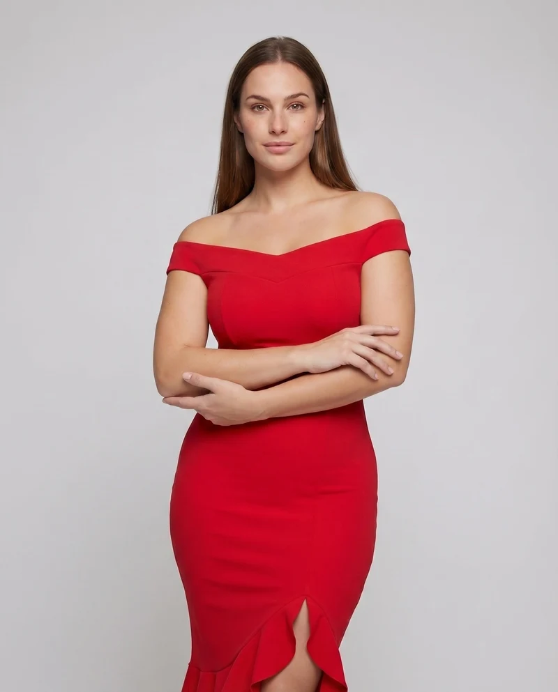 Damen Elegante Asymmetrischer Rüschen-Schlitz Mischgewebe Midikleid