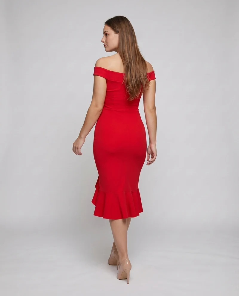 Damen Elegante Asymmetrischer Rüschen-Schlitz Mischgewebe Midikleid