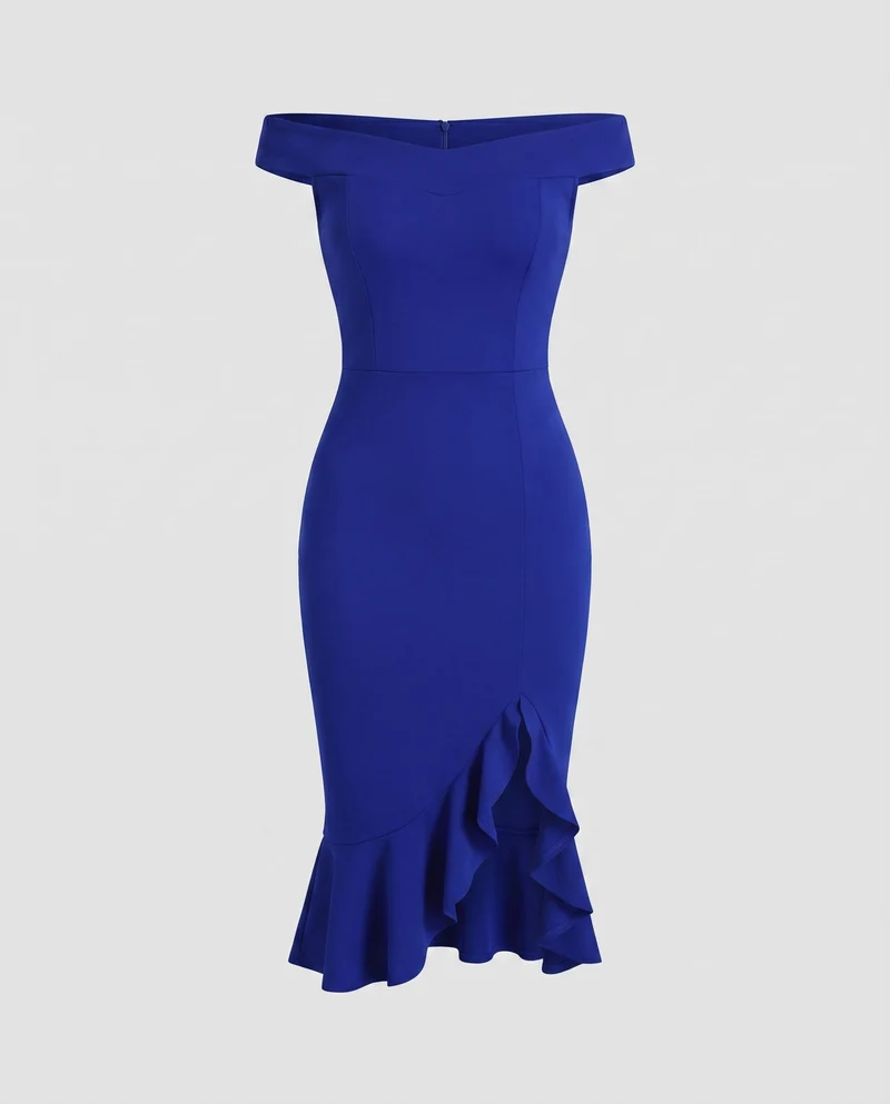Damen Elegante Asymmetrischer Rüschen-Schlitz Mischgewebe Midikleid