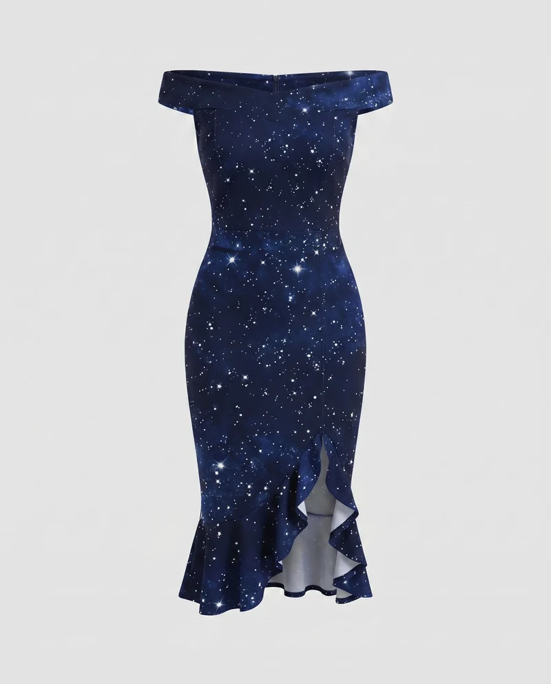 Damen Elegante Asymmetrischer Rüschen-Schlitz Mischgewebe Midikleid