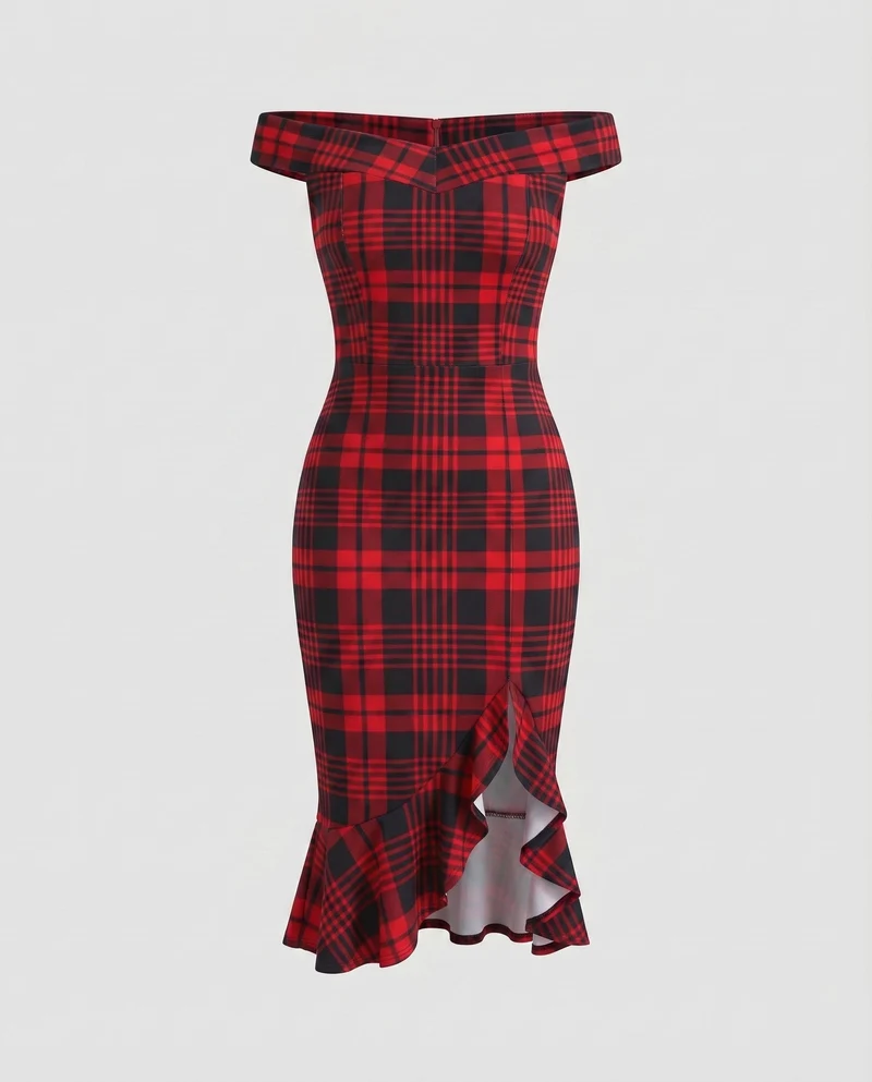 Damen Elegante Asymmetrischer Rüschen-Schlitz Mischgewebe Midikleid