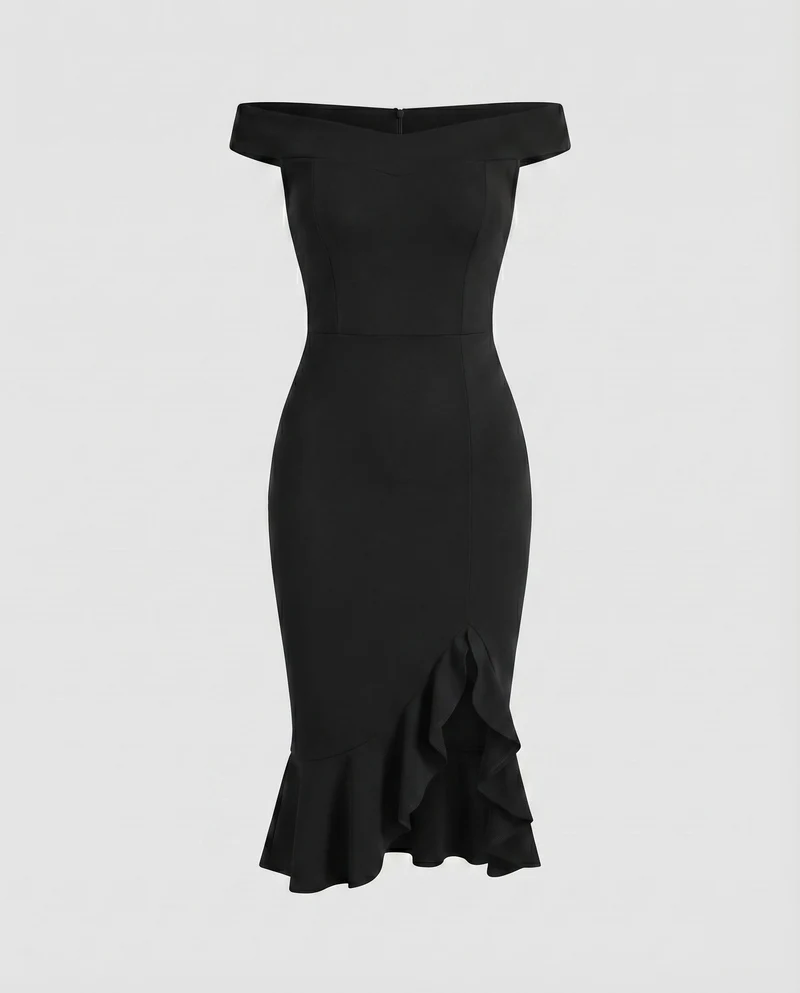 Damen Elegante Asymmetrischer Rüschen-Schlitz Mischgewebe Midikleid